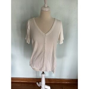 Lane Bryant Top 14/16 White Ribbed Knit V-Neck Casual Shrt Slve Buttons Normcore